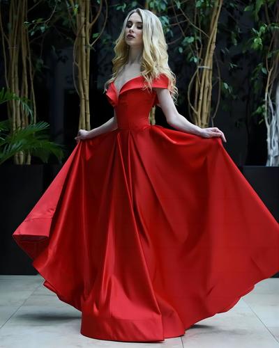 SP1194,Off The Shoulder Red A-Line Satin Long Prom Evening Dresses