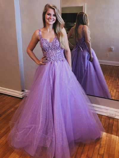 SP1184,Shiny V Neck Open Back Lavender Lace Long Prom Dresses, Open Back Lavender Lace Formal Dresses,Lace Lavender Evening Dresses
