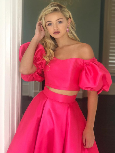 SP1176,Off the Shoulder 2 Pieces Hot Pink Long Prom Dresses, Off Shoulder Hot Pink Formal Dresses,Hot Pink Evening Dresses