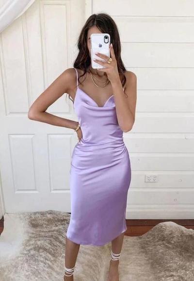 Spaghetti Straps Satin Tea Length Prom Dress