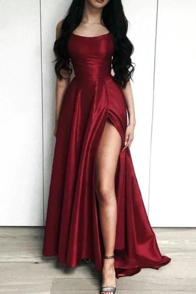 Charming A Line Burgundy Side Slit Long Prom Dress