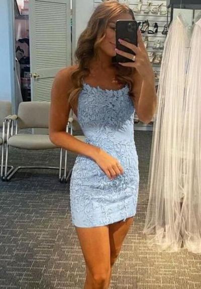 Cute Sky Blue Lace Short Homecoming Dresses