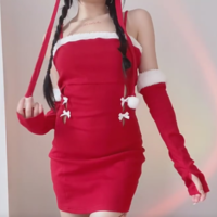 Bowtie Fluffy Red Sling Dress Outfit - Thumbnail 5