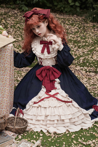 French European Style Gothic Elegant Fae Princess Black Red Pink White Ribbon Dress