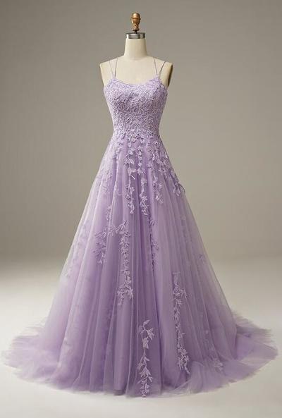 Spaghetti Straps A Line Lilac Tulle Lace Prom Dress