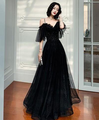 A Line Black tulle lace long evening dress