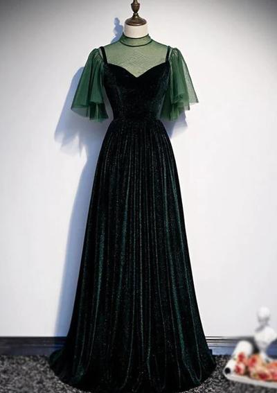 A Line Dark Green Short Sleeves Velvet Prom Dresses