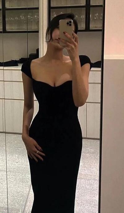 Simple Floor Length Black Prom Evening Dress With Cap Sleeves