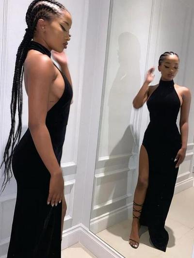 A Line Halter Black Prom Dress With Split