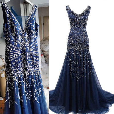 Luxurious V Neck Navy Blue Prom Dresses with Rhinestones
