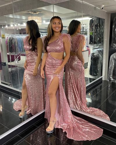 Charming Mermaid One Shoulder Blush Sequins Long Prom Dresses with Slit