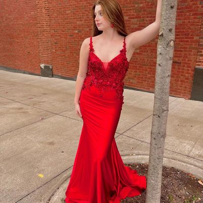 Charming mermaid v neck straps red long prom dresses - Thumbnail 2