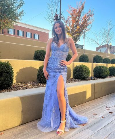 Cute Mermaid Sweetheart Blue Long Prom Dresses with Appliques