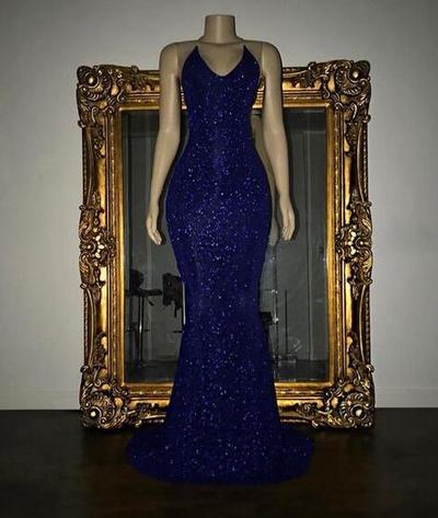 Mermaid Sleeveless Royal Blue Sequin Prom Dresses