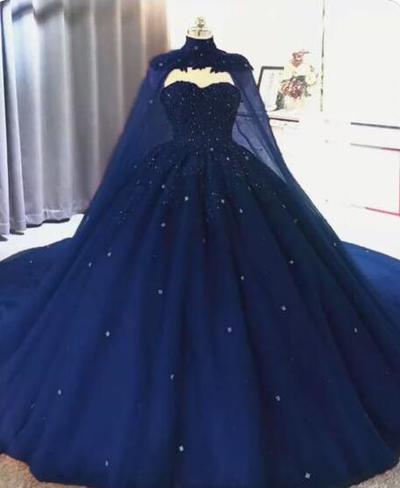 Vintage Ball Gown Navy Blue Prom Dresses with Cape