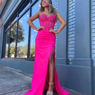 Charming mermaid sweetheart hot pink long prom dresses with slit - Thumbnail 1