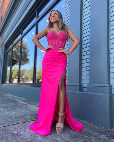 Charming Mermaid Sweetheart Hot Pink Long Prom Dresses with Slit