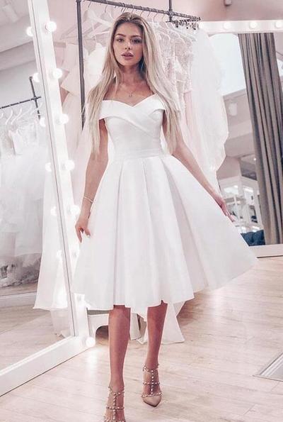 Off Shoulder Short A Line White Wedding Dress