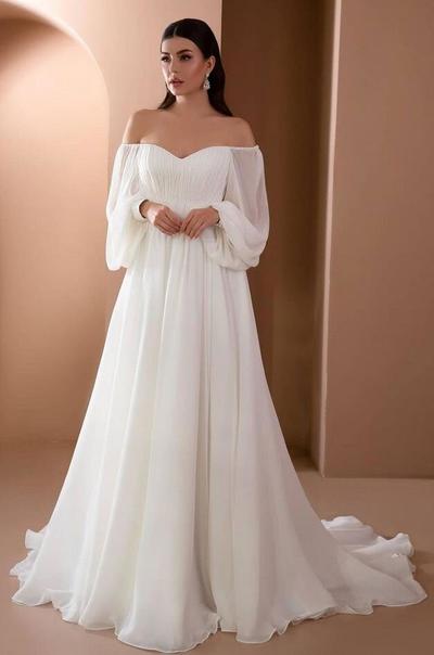 Mermaid Off-the-shoulder Chiffon Beach Wedding Gown with Long Sleeves