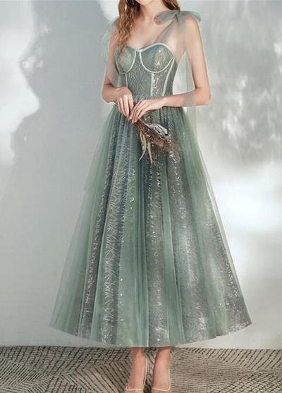 A Line Tea Length Tulle Prom Evening Dress