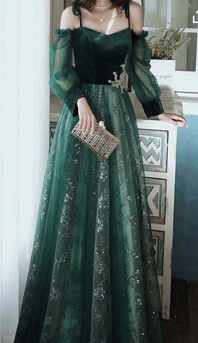 Elegant floor length dark green lace tulle Prom Dress