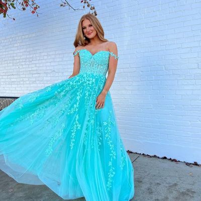Cute a line sweetheart teal tulle prom dresses with appliques - Thumbnail 1