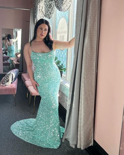 Sparkly Mermaid Scoop Neck Mint Long Prom Dresses with Lace-up