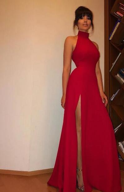 Sexy High Neck Red Long Prom Dress With High Split