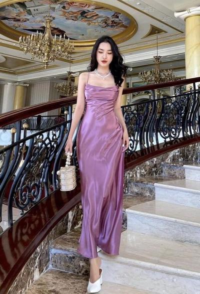 Simple Straps Purple Stain Long Prom Dresses