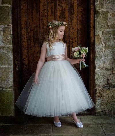 Ankle Length Flower Girl Dresses with Coral Sash