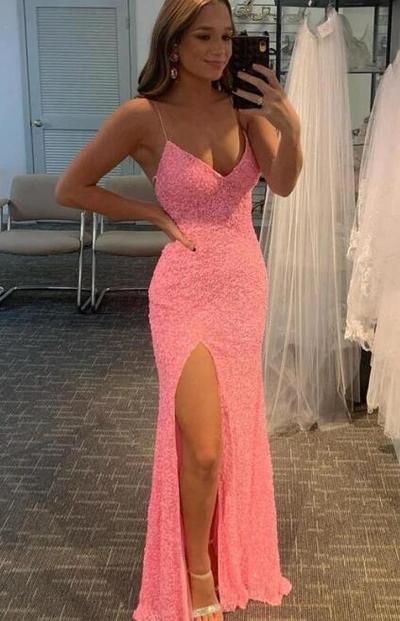 Sexy Pink Glitters Long Sequin Prom Dress With Split