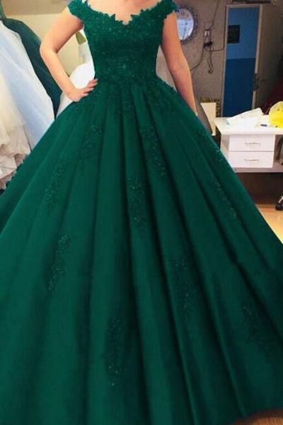 Elegant Ball Gown Green Tulle Prom Dress With Lace