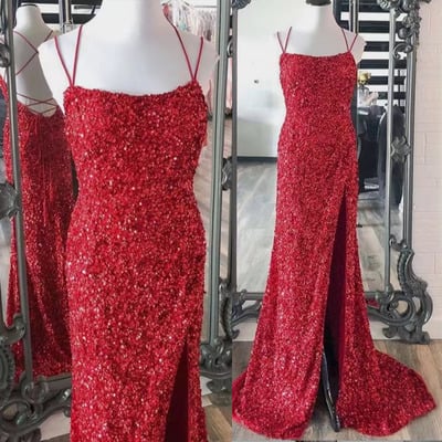 Burgundy prom dresses slit side sequins criss cross - Thumbnail 2