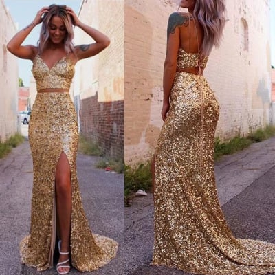 Two piece prom dresses gold slit side pd5 - Thumbnail 1