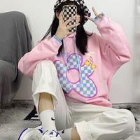 Checkerboard Flower Pink Hoodie Sweatshirt - Thumbnail 4