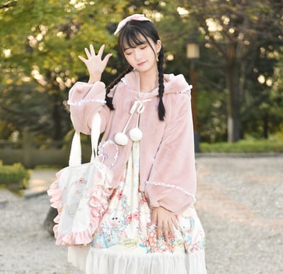 Cute Lovely Royal Highness Princess Pink & Cream Thick Warm Winter Rabbit Fur Coat Jackets