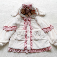 Pink White Winter Rabbit Bunny Ears Bw Velvet Fluff Super Plush Thick Jacket Coato - Thumbnail 2