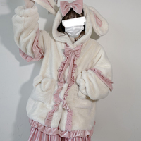Pink White Winter Rabbit Bunny Ears Bw Velvet Fluff Super Plush Thick Jacket Coato - Thumbnail 4