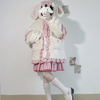 Pink White Winter Rabbit Bunny Ears Bw Velvet Fluff Super Plush Thick Jacket Coato - Thumbnail 9