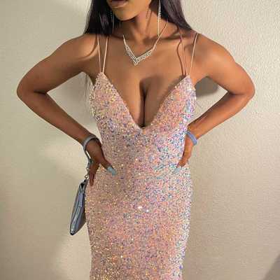 Sparkly mermaid v neck pink sequins long prom dresses - Thumbnail 3