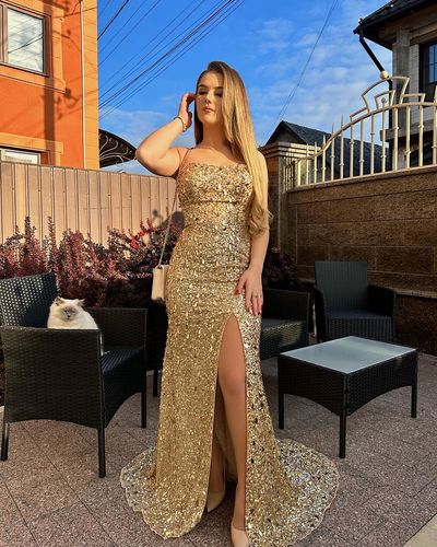Mermaid Strapless Gold Sequins Long Prom Dresses with Slit