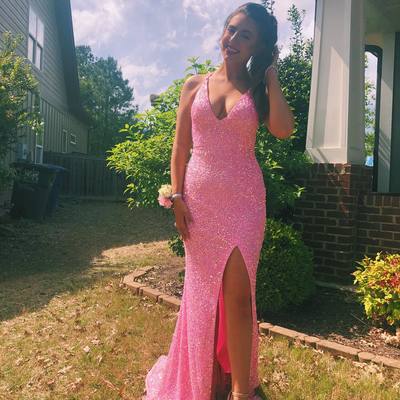 Cute mermaid v neck pink sequins long prom dresses with slit - Thumbnail 1