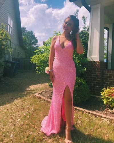 Cute Mermaid V Neck Pink Sequins Long Prom Dresses with Slit