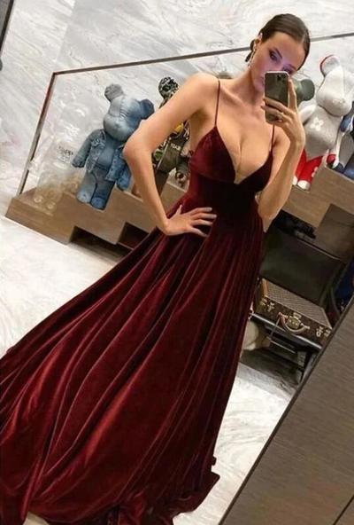 Simple Straps Burgundy A Line Velvet Long Prom Dress