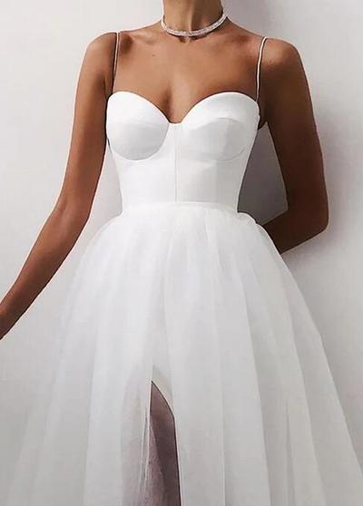 Spaghetti Strap Tea Length Split Tulle Evening Dress