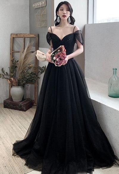 A Line Black Tulle Long Prom Dress