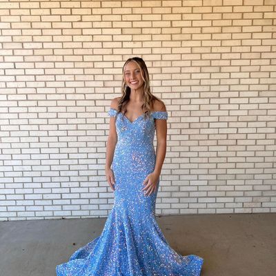 Cute mermaid off the shoulder blue sequins long prom dresses - Thumbnail 1
