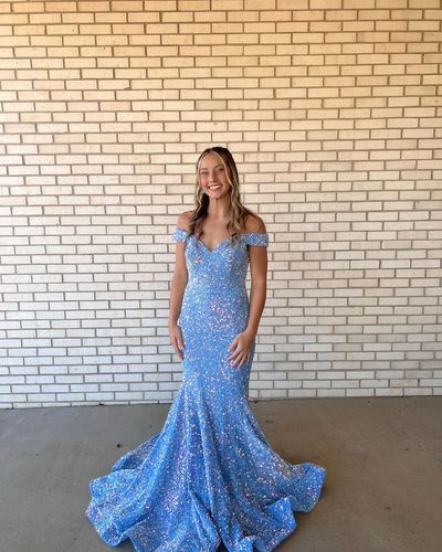 Cute Mermaid Off the Shoulder Blue Sequins Long Prom Dresses