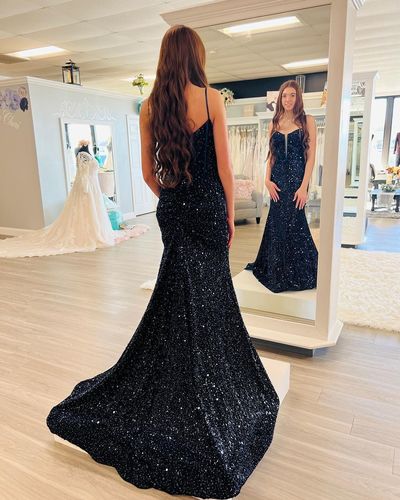 Cute Mermaid Straps Navy Sequins Prom Dresses