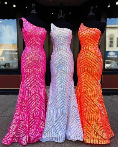 Cute Mermaid One Shoulder Sparkly Sequins Prom Dresses